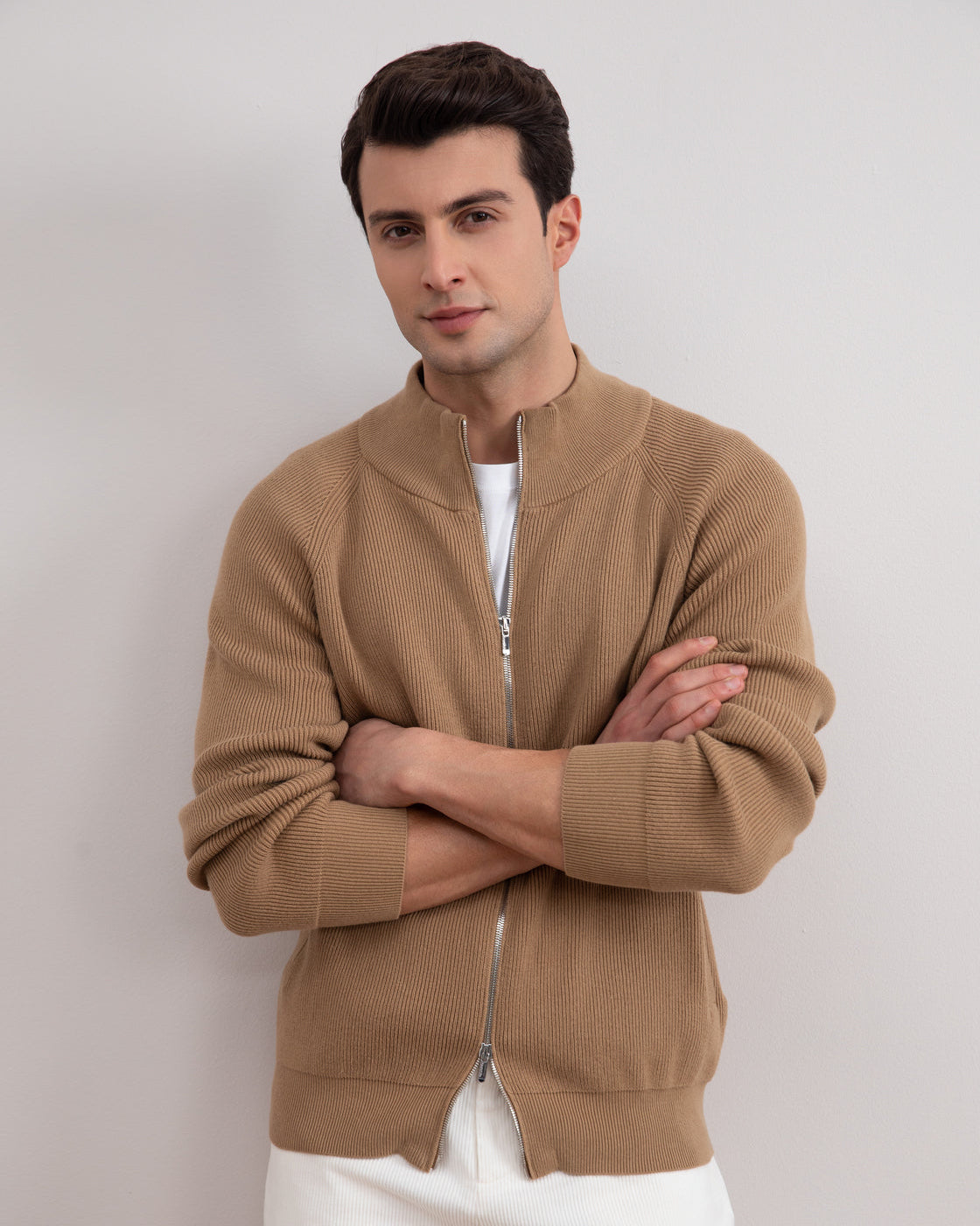 Tan English Rib Full Zip Cardigan