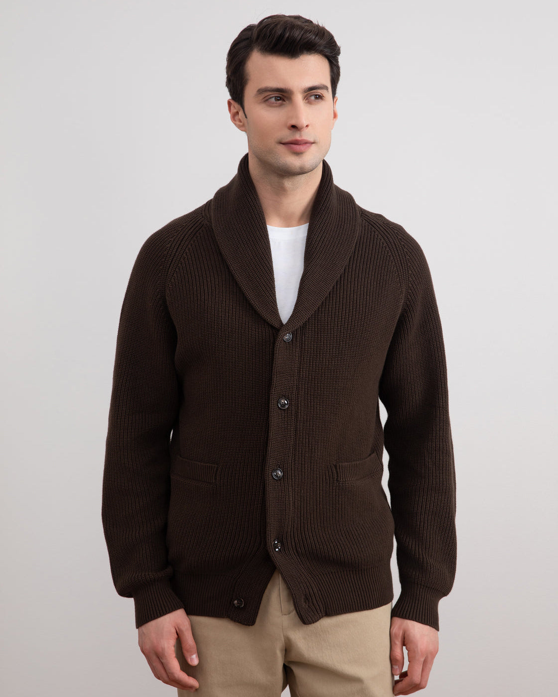 Brown Shawl-Collar Ribbed Cardigan