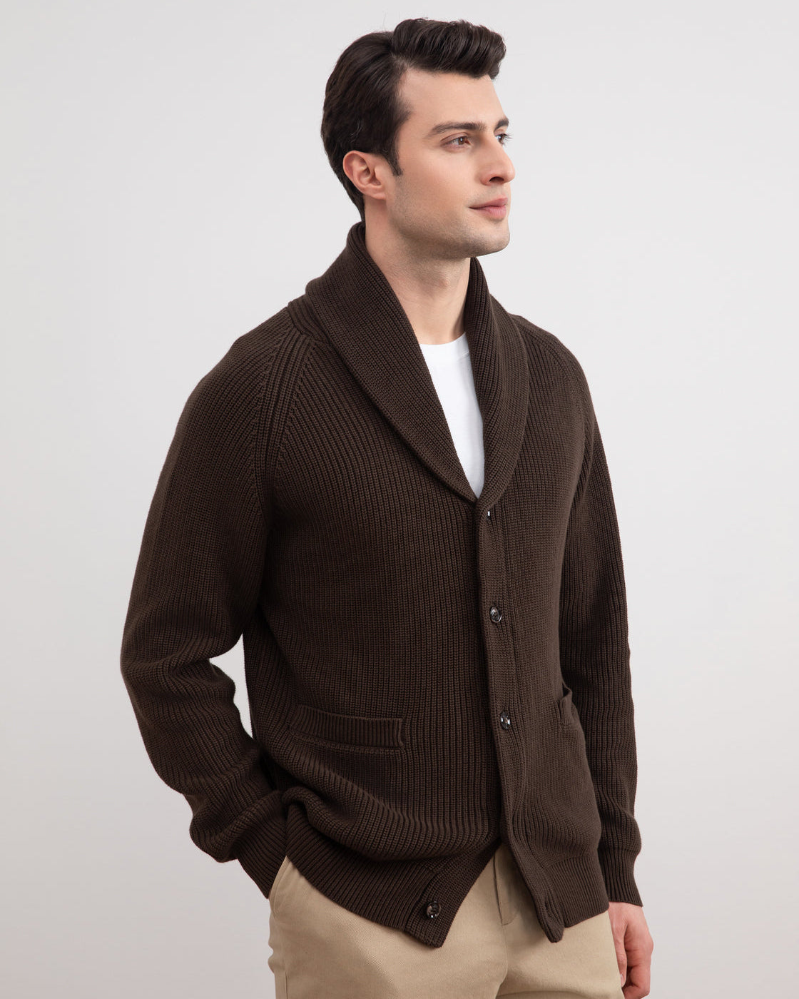 Brown Shawl-Collar Ribbed Cardigan