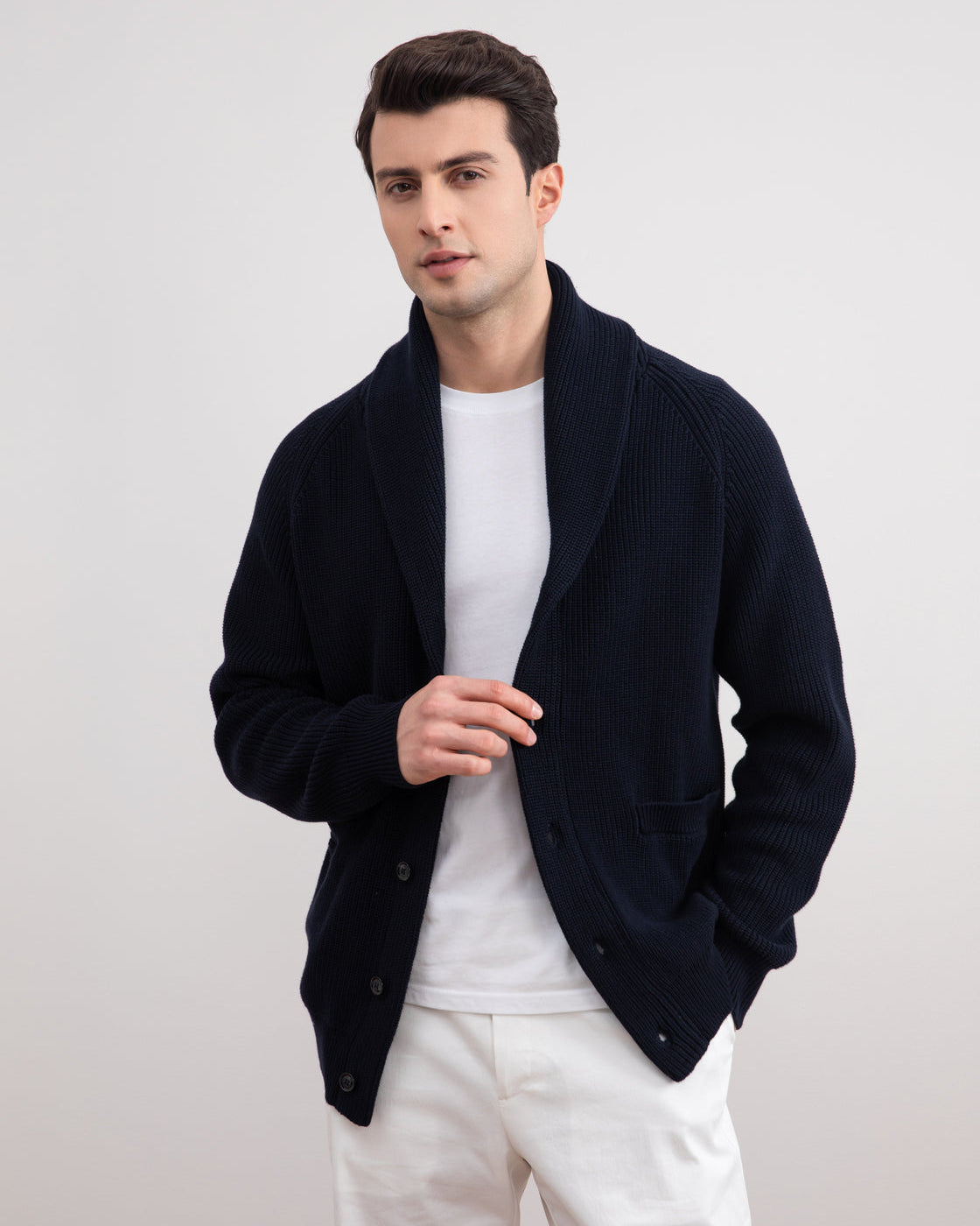 Navy Shawl-Collar Ribbed Cardigan