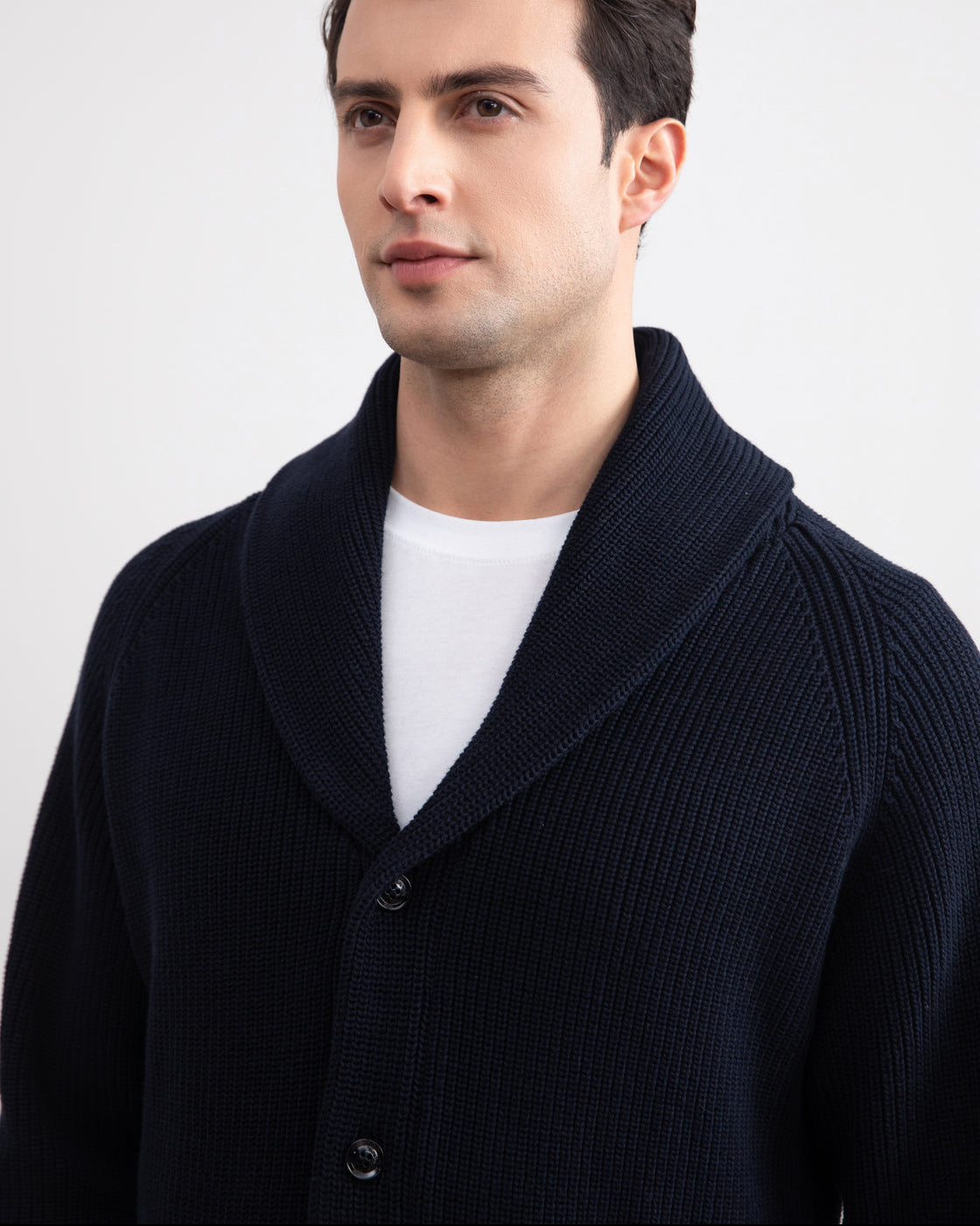 Navy Shawl-Collar Ribbed Cardigan