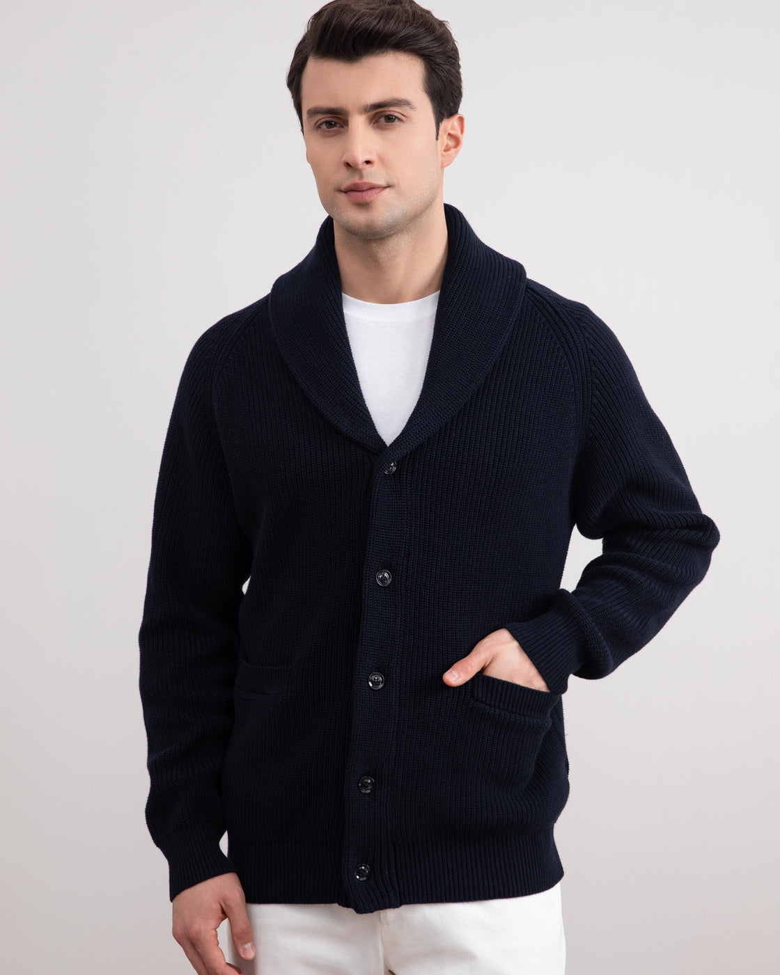 Navy Shawl-Collar Ribbed Cardigan